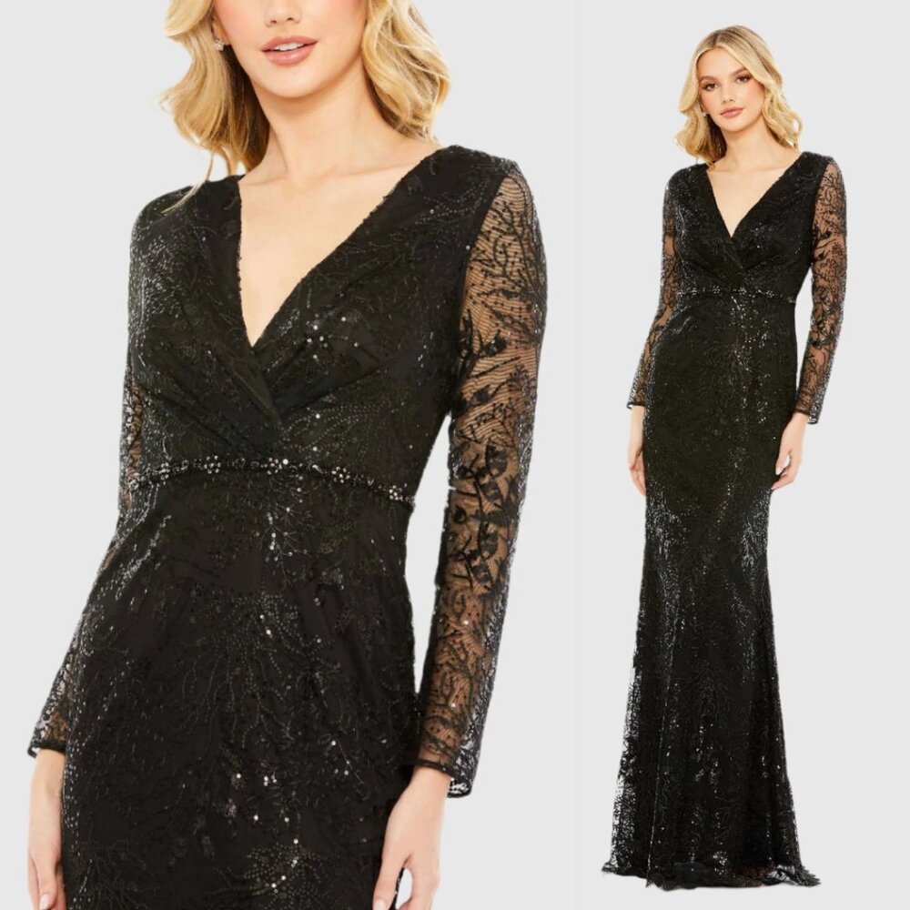 Mac Duggal 68016 Size 12 Black Embellished Wrap Over Long Sleeve Gown Maxi Dress